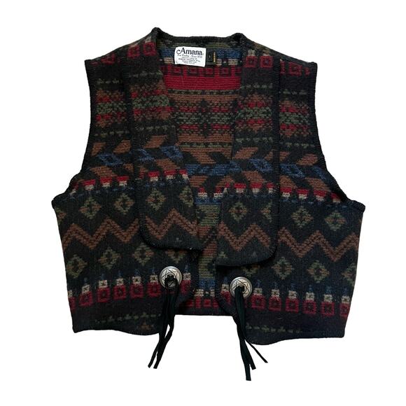 Vintage Southwestern Wool Blend Vest Amana USA Aztec Geometric Tassle Fringe - Picture 1 of 13